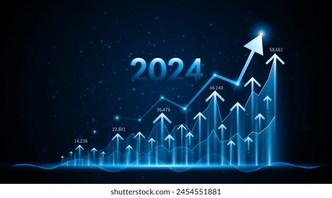 Arrow pointing upwards for future company growth in 2024. Stock market graph with rising candles. Ideas for growing a profitable business or investment	