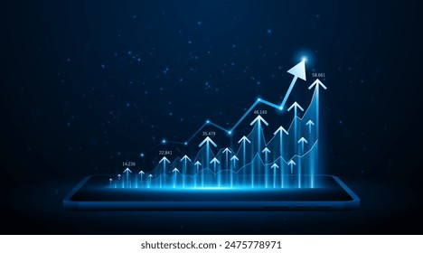 Arrow pointing upwards for future company growth set on tablet or smartphone. Stock market graph with rising candles. Ideas for growing a profitable business or investment