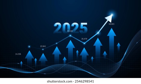 Arrow pointing upwards for future company growth in 2025. Stock market graph with rising candles. Ideas for growing a profitable business or investment	