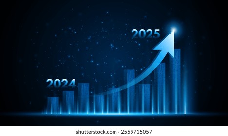 Arrow pointing upwards for future company growth in 2024 to 2025. Stock market graph with rising candles. Ideas for growing a profitable business or investment	