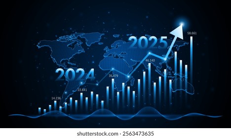 Arrow pointing upwards for future company growth in 2024 to 2025. Stock market graph with rising candles. Ideas for growing a profitable business or investment	