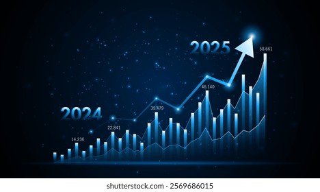 Arrow pointing upwards for future company growth in 2024 to 2025. Stock market graph with rising candles. Ideas for growing a profitable business or investment	