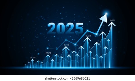 Arrow pointing upwards for future company growth in 2025. Stock market graph with rising candles. Ideas for growing a profitable business or investment	