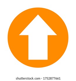 arrow pointing up white in circle orange for icon flat isolated on white, circle with up arrow for button interface app, arrow sign of next or download upload, arrow simple symbol for direction