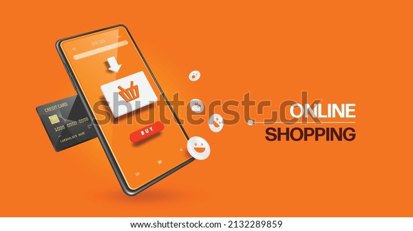 Arrow points to shopping cart icon to confirm the\
purchase and a smile icon floats on front of the smartphone and a\
black credit card is inserted next to it to pay,vector 3d for\
online shopping design