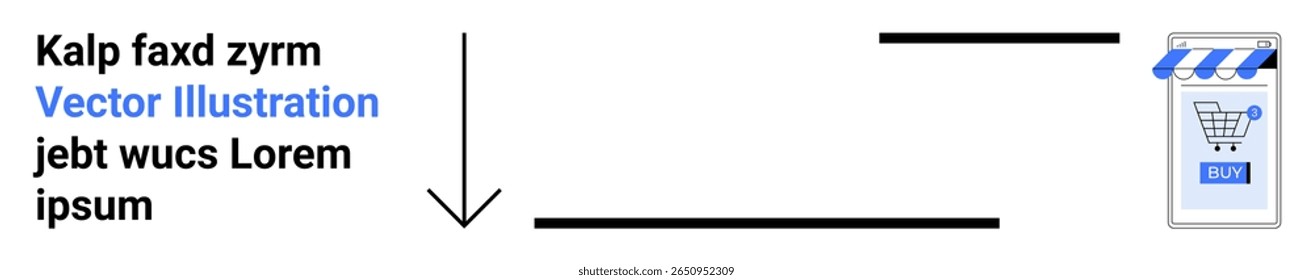 Arrow points from text block to smartphone with e-commerce app, including shopping cart graph and blue button. Ideal for e-commerce, mobile apps, online shopping, digital marketing, web design, user