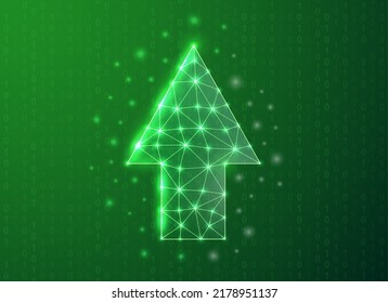 Up Arrow Polygonal Symbol With Binary Code Background. Growth Concept Design Illustration. Green Business Goal Low Poly Symbol With Connected Dots