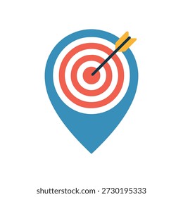 Arrow precisely hitting bullseye of target within blue pin icon illustration symbolizing accuracy and focus