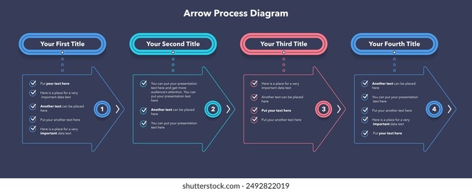 Arrow process diagram with four stages - dark version. SImple infographic design for workflow layout, diagram, banner, web design.