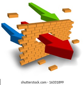 Arrow punching wall aspiring to purpose, business concept, vector illustration
