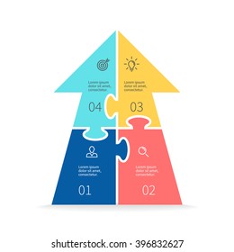 Arrow, puzzle chart, diagram with 4 steps, options, parts, processes. Business strategy, success. Vector design element.