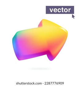 Arrow rainbow-colored logo. Plastic cartoon style. Vector 3D render style glossy colorful emblem. Perfect for creative cute app, modern nightlife design, vibrant blockchain advertising.