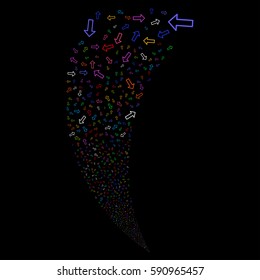 Arrow random fireworks stream. Vector illustration style is flat bright multicolored iconic symbols on a black background. Object fountain combined from scattered icons.