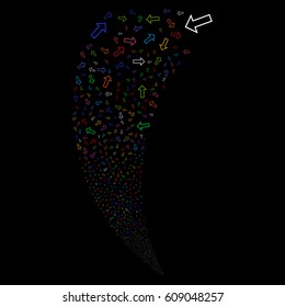 Arrow random fireworks stream. Vector illustration style is flat bright multicolored iconic symbols on a black background. Object fountain organized from scattered icons.