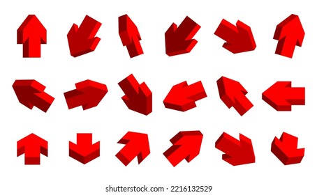 Arrow red 3d big set. Isometric cursor collection. Up down left right direction web button design element. Navigation simple pointer isolated on white background