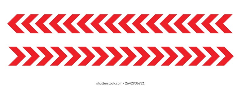 Símbolo de chevron rojo de flecha. Flecha rayada de advertencia. Tipo de seguridad. Aislado sobre fondo blanco. Ilustración vectorial. 