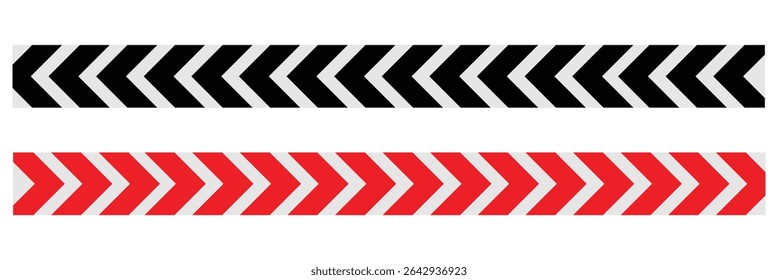 Arrow red chevron symbol. Warning striped arrow. Safety type. Isolated on white background. Vector illustration . 