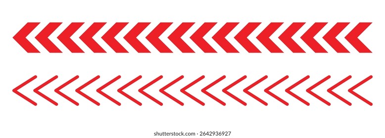 Arrow red chevron symbol. Warning striped arrow. Safety type. Isolated on white background. Vector illustration . 