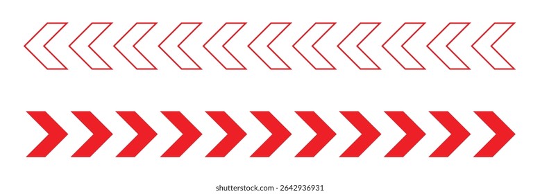 Arrow red chevron symbol. Warning striped arrow. Safety type. Isolated on white background. Vector illustration . 