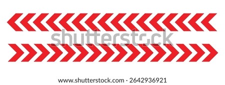 Arrow red chevron symbol. Warning striped arrow. Safety type. Isolated on white background. Vector illustration . 