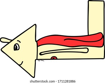 arrow in a red coat with eyes shows directions