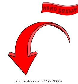 Arrow. Red Down sign. Hand drawn sketch. Vector illustration isolated on white background