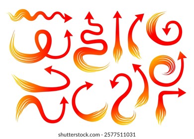 arrow with red flame design. Arrow mark icons and arrow paint. Set of arrows icons. Circle arrows, rotate arrow, redo process symbol.