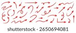 Arrow red hand handwritten sketch vector. Hand drawn pencil marker doodle arrow set brush line, curved direction pen style. Big thick rough artistic stroke for red clipart. Vector illustration