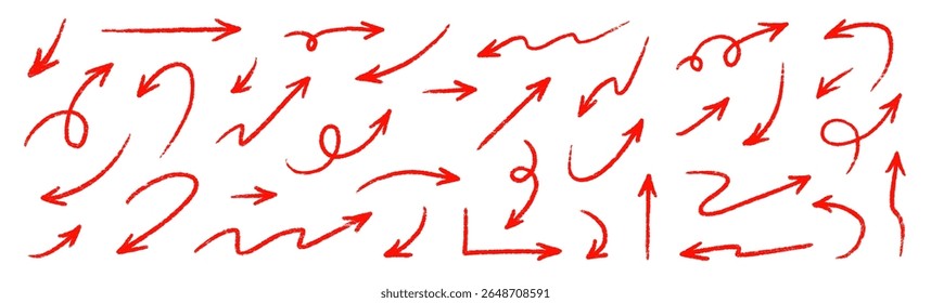 Arrow red hand handwritten sketch vector. Hand drawn pencil marker doodle arrow set brush line, curved direction pen style. Big thick rough artistic stroke for red clipart. Vector illustration