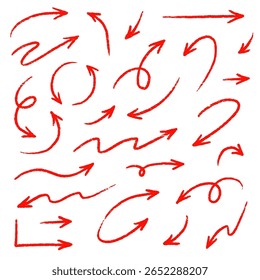 Vetor de esboço manuscrito com seta vermelha. Lápis desenhado à mão marcador doodle seta definir linha de pincel, estilo de caneta de direção curva. Grande curso artístico grosso áspero para clipart vermelho. Ilustração vetorial