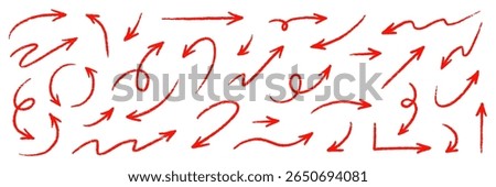 Arrow red hand handwritten sketch vector. Hand drawn pencil marker doodle arrow set brush line, curved direction pen style. Big thick rough artistic stroke for red clipart. Vector illustration