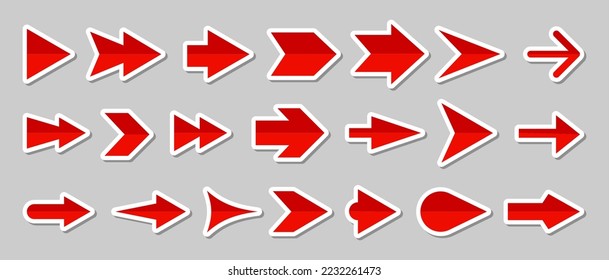 Arrow red navigation flat icon big set. Cursor simple sign sticker collection. Glossy next button pointer pictogram. Direction modern design element on gray background