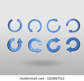 Arrow refresh icon reload sign set with polygonal triangles style. colorful arrow shape in modern polygonal crystal style on white background.
