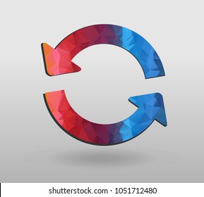 Arrow refresh icon reload sign with polygonal triangles style. colorful arrow shape in modern polygonal crystal style on white background.