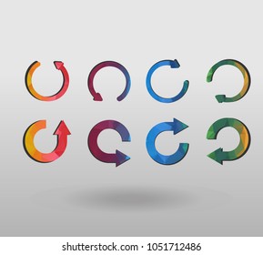 Arrow refresh icon reload sign set with polygonal triangles style. colorful arrow shape in modern polygonal crystal style on white background.