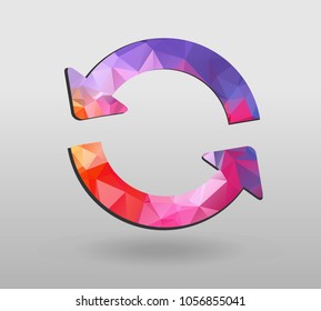 Arrow refresh icon reload sign with polygonal triangles style. colorful arrow shape in modern polygonal crystal style on white background.