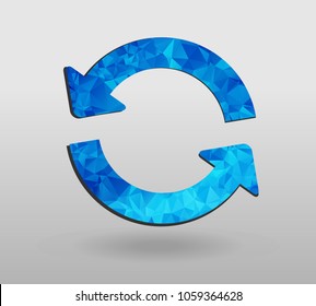 Arrow refresh icon reload sign with polygonal triangles style. colorful arrow shape in modern polygonal crystal style on white background.