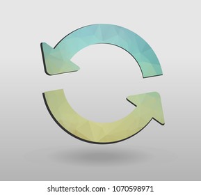 Arrow refresh icon reload sign with polygonal triangles style. colorful arrow shape in modern polygonal crystal style on white background.