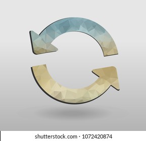 Arrow refresh icon reload sign with polygonal triangles style. colorful arrow shape in modern polygonal crystal style on white background.
