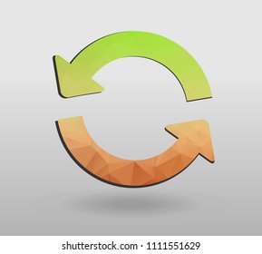Arrow refresh icon reload sign with polygonal triangles style. colorful arrow shape in modern polygonal crystal style on white background.