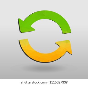 Arrow refresh icon reload sign with polygonal triangles style. colorful arrow shape in modern polygonal crystal style on white background.