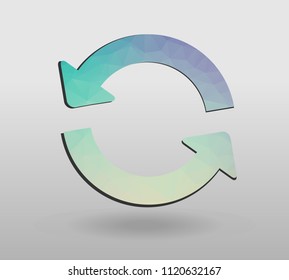 Arrow refresh icon reload sign with polygonal triangles style. colorful arrow shape in modern polygonal crystal style on white background.