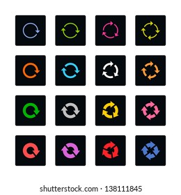 Arrow refresh icon reload sign set. Color on black. Simple rounded square shape internet button. Solid plain mono one-color flat minimal metro style tile. Vector illustration web design elements 8 eps