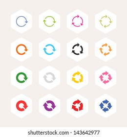 Arrow refresh icon reload sign set. Minimal metro style. Simple rounded hexagon internet button beige background. Solid plain monochrome color flat tile. Vector illustration web design elements 8 eps