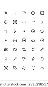 Arrow Related Vector Line Icon Simple Set. Contains Icons like Arrow Icon, Double Arrow Icon, Back arrow Icon and many more. Editable Stroke. 32x32 Pixel Perfect.