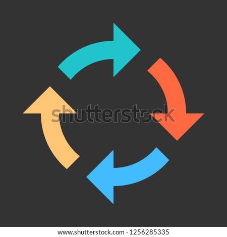 Arrow reload, refresh, rotation, repetition, reset sign. Colored icon on gray background created in 2D flat style. This design graphic element is saved as a vector illustration in EPS file format