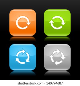 Arrow reload, rotate, refresh, repeat sign white pictogram on rounded square glossy icon web internet button with reflection on black background. (set 02). Vector illustration web design element 8 eps