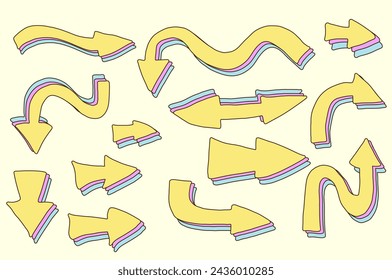 Arrow retro set. Collection of groovy direction pointers signs. Hand drawn isolated y2k design elements symbols. left, right, down, up, forward pointers. Vector illustration.