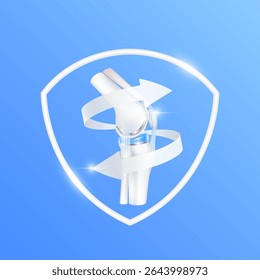 Arrow revolve around artificial joint replace within white shield frame. Knee replacement surgery total or bone cartilage implant for treatment relieve arthritis. Medical technology treatment. vector.
