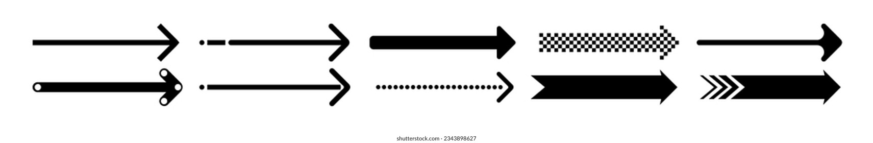 Arrow right black set icon in flat. Sign on white backdrop. Vector illustration